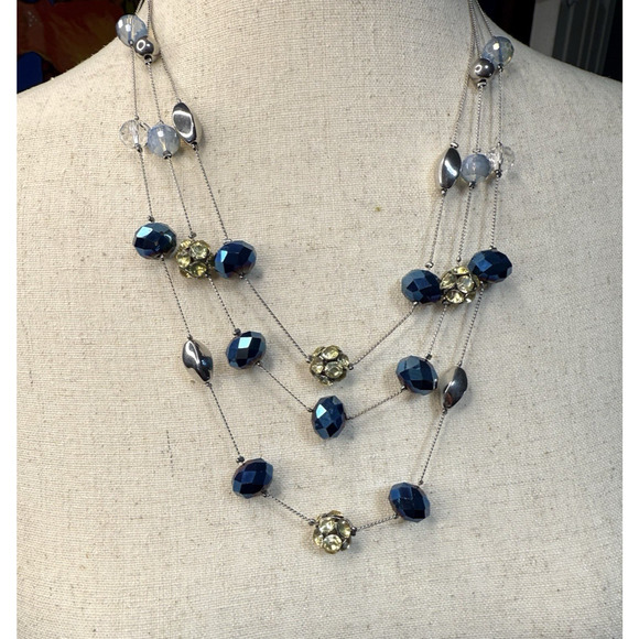 Blue and Clear Glass Faceted Multi-Strand Necklace Silver Tone 22”- 25" Vintage - Picture 3 of 10